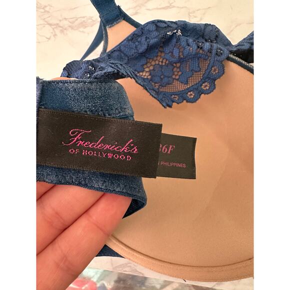 Fredericks of Hollywood Pola Bra 36F Halter Back Push Up Lace Plunge Blue Sexy - Picture 5 of 7